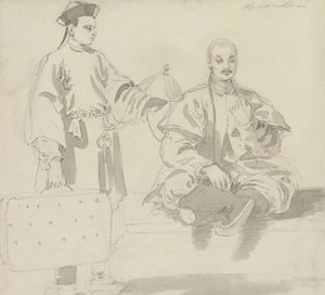 2 人の中国人像: 帽子の売り手と、あぐらをかいて座ってパイプを吸っている男性 作： William Alexander