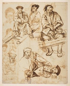 [f.57 140v 人物研究、中国人男性。 「11 月 21 日」、1792 年から 1794 年の間にマッカートニー卿の中国皇帝への大使館で作成された、風景、海岸線、衣装、日常生活の 372 枚の図面のアルバムから (紙に鉛筆と水彩) 作： William Alexander