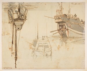 f.58 145v ボート。 11 月 20 日。  、1792年から1794年の間にマッカートニー卿の中国皇帝への大使館で作成された風景、海岸線、衣装、日常生活の372枚の絵のアルバムから（紙に鉛筆と水彩） 作： William Alexander