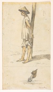 f.5 32v 木にもたれかかっている若い男、ボート。 「トゥロン湾」  1792 年から 1794 年にかけてマッカートニー卿が中国皇帝に大使館を構えていた間に作成された、風景、海岸線、衣装、日常生活を描いた 372 枚の絵のアルバムから (p に鉛筆と水彩 作： William Alexander