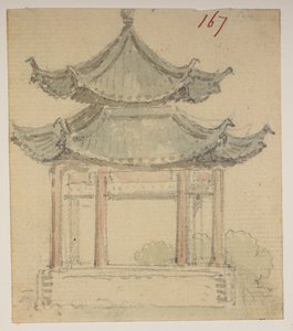 f.63 167 テンプル。  、1792年から1794年の間にマッカートニー卿の中国皇帝への大使館で作成された風景、海岸線、衣装、日常生活の372枚の絵のアルバムから（紙に鉛筆と水彩） 作： William Alexander