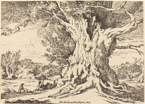 大きな木の下で休む男と犬 作： William Alfred Delamotte