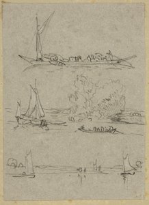 デュッセルドルフ川のボートの 3 つのスケッチ 作： William Alfred Delamotte