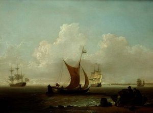 漁師が岸壁の船を積み込んでいるオランダ沖の船舶 作： William Anderson