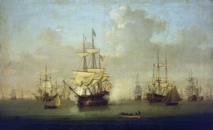 フランス革命戦争（1793年～1802年）前夜の1790年、スピットヘッド（イギリス）にて、104門の新型軍艦「クイーン・シャーロット」。 作： William Anderson