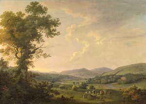 ヘイメーカーのいる風景とジョージ王朝様式の家の遠景、1780年頃（キャンバスに油彩） 作： William Ashford