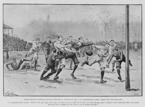 1月6日、バーケンヘッド・パークで行われたサッカー国際試合（イングランド対ウェールズ）で、イングランドが初トライ（リトグラフ）。 作： William Barnes (after) Wollen