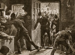 1886年のナショナルリーグ選手と警察の間のエニスでの戦い、「カッセルのイラスト入りのイングランドの歴史」（セピア写真）のイラスト 作： William Barnes Wollen