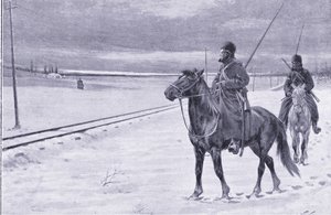 奉天近郊の鉄道を守るイラスト、カッセルの日露戦争の歴史第1巻、1900年 作： William Barnes Wollen