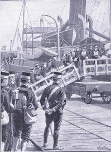 神戸に進軍する日本軍、カッセルの日露戦争の歴史第1巻、1900年のイラスト 作： William Barnes Wollen
