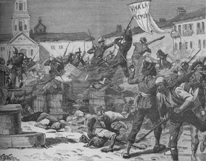 マラガのストリートファイティング、c1890 作： William Barnes Wollen