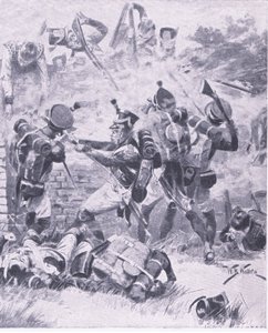 ウーゴモントの壁への攻撃：ウォータールー1815、陸と海でのイギリスの戦い、1915年のイラスト 作： William Barnes Wollen