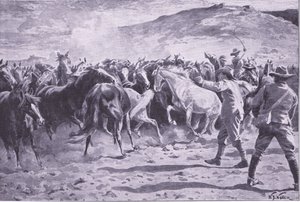 フーリーズバーグ近くのブランドウォーター地区での馬の捕獲：ドライブを切り上げる 作： William Barnes Wollen