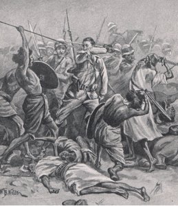 1885年1月17日、アブクレアの広場、1915年の陸と海でのイギリスの戦いのイラスト 作： William Barnes Wollen