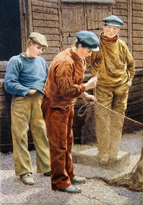 古いネットに新しいラインを固定する、ヘイスティングス（紙に水彩画） 作： William Biscombe Gardner