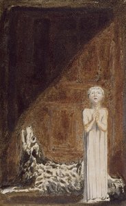「長い服を着た少年、犬の隣に手を握り締めて立っている」、プレート1、25版「The First Book of Urizen」、1794（紙にインクとトイレでカラー印刷されたレリーフエッチング） 作： William Blake