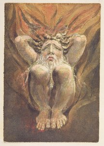 「裸の男が両手を頭の後ろに置いて炎に身をかがめた」、「The First BookofUrizen」のプレート21 作： William Blake