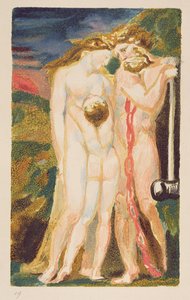 中途半端な少年を見下ろす裸の女性、「The First BookofUrizen」のプレート18 作： William Blake
