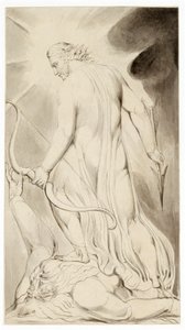 サタンを踏み潰すキリスト」、c1800 作： William Blake