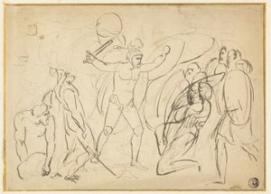古典的な戦闘（レクト）; 男性ヌードのスケッチ (裏面) 作： William Blake