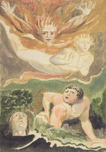 それらの要素から出現する4人の裸の男性、1794年の「The First Book of Urizen」のプレート4（インクとトイレでカラー印刷されたレリーフエッチング）