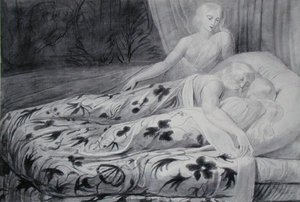 眠っているハルとヘバ、それを守るムネサ、「Tiriel」の挿絵、1788年頃（紙に黒チョークの跡の上にペンとグレーのウォッシュをかけたもの 作： William Blake