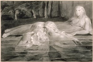 Har and Heva Bathing、Mnetha Looking On、c.1785-89（ブラシ、インク、紙の上で洗う） 作： William Blake