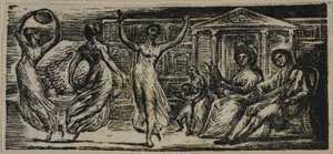 女性の踊りを見るメナルカス、「ウェルギリウスの牧師」より 作： William Blake
