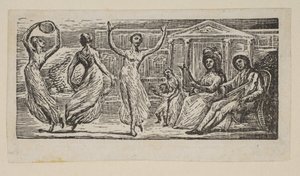 女性の踊りを見るメナルカス、ソーントンのウェルギリウスの牧歌、1821年から。 作： William Blake