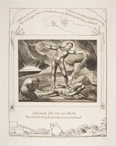 仕事の書、1825年から26年のイラストから、サタンが沸騰して仕事を送る。 作： William Blake