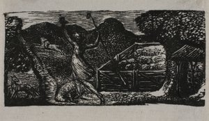 ウェルギリウスの牧歌より、羊飼いがオオカミを追い払う 作： William Blake