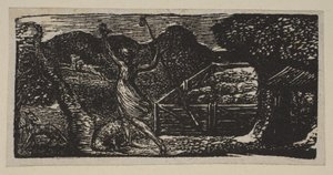 羊飼いはオオカミを追い払う、1821年のバージルのソーントンの牧歌から。 作： William Blake