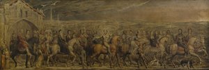 ジェフリー・チョーサー卿（1342-1400年頃）とカンタベリーへの旅をする9人と20人の巡礼者たち（テンペラ、カンヴァス） 作： William Blake