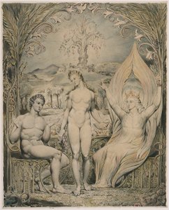 アダムとイヴを伴う大天使ラファエル（ミルトンの『失楽園』の挿絵） 作： William Blake