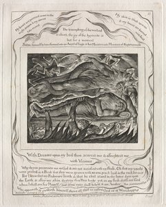 ヨブ記: Pl. 11. 夢をベッドの上に置いて、あなたは私を怖がらせ、怖がらせる 作： William Blake