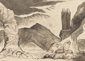 捏造者の輪。ダンテとヴィルジルが悪臭のために鼻を覆っている、1827年。 作： William Blake