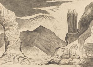 捏造者の輪。ダンテとヴィルジルが悪臭のために鼻を覆っている、1827年。 作： William Blake