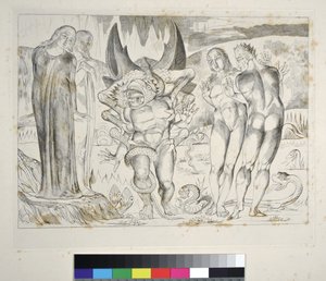 泥棒の輪」。六本足の蛇に襲われたブルネレスキ 地獄篇 第二十五章 ダンテ・アリギエリの「神曲」の挿絵 作： William Blake