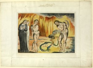 泥棒の輪; 蛇に襲われたブオソ・ドナーティ。 インフェルノ、カントXXV 作： William Blake