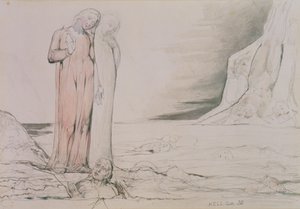 ダンテ・アリギエリ（1265-1321）の「神曲」の「インフェルノ」の第32番からの挿絵「裏切り者の輪」（紙にペンとインク、鉛筆、水彩）。 作： William Blake
