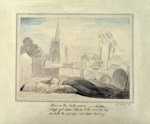 彼女の夫の墓を抱く未亡人（ペンとブラシ、紙に黒のインクとトイレ） 作： William Blake