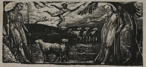 ウェルギリウスのパストラルズより、背景にライトフットのコリネットとテノットが抗議する 作： William Blake