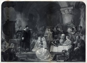 最初のプロテスタント聖体拝領、パブを管理するジョン・ノックス。 1849 作： William Bonner