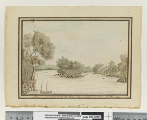 P.120を参照。魚が撃たれた時のポート・ジャクソン上部の眺め」1802年頃（水彩画 作： William Bradley