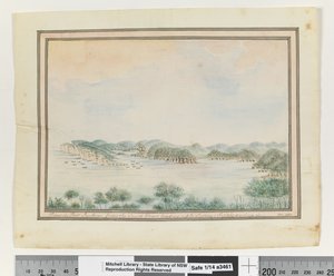 追記：123ページシドニーに向かうサウスヘッドからのポート・ジャクソンの眺め、補給船の航行」1802年頃（水彩画 作： William Bradley