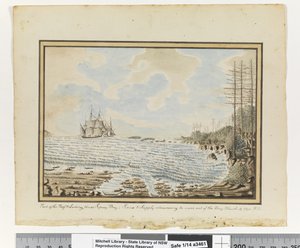 Opp.p.194。シリウスとサプライが湾の外で作業しようとしている。1790年3月19日」、1802年頃（水彩）。 作： William Bradley