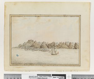 追記：19ページ。テネリフのSE側のサンタ・クルス、道路上のシリウスとコンボイ。1787年6月。峰は2つの山の間の隙間に見えている」1802年頃（水彩）。