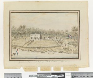 P.225をご覧ください。シドニーの総督邸、ポート・ジャクソン1791」1802年頃（水彩画 作： William Bradley