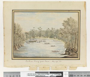 追記：P.260。ポート・ハンター、デューク・オブ・ヨークの島、1791年5月」1802年頃（水彩画 作： William Bradley