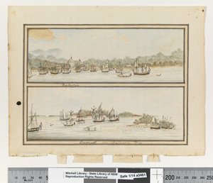 p.292をご覧ください。バタヴィア」と「バタヴィア湾のオントラップ」1802年頃（水彩画 作： William Bradley